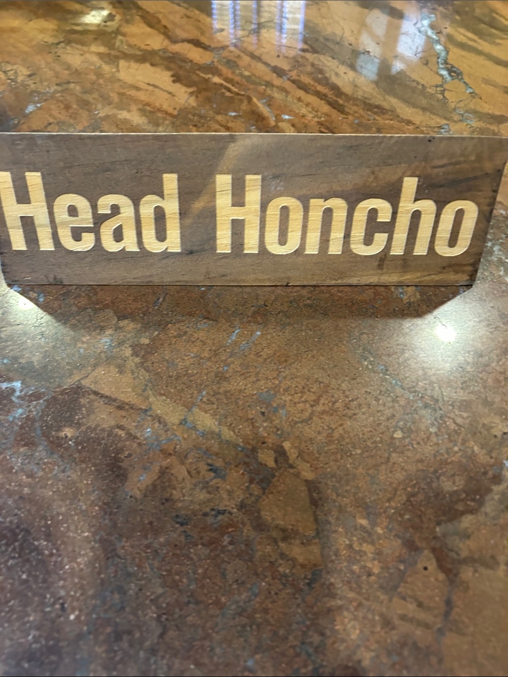 Wooden 'Head Honcho' Desk Sign in Natural Wood and Gold